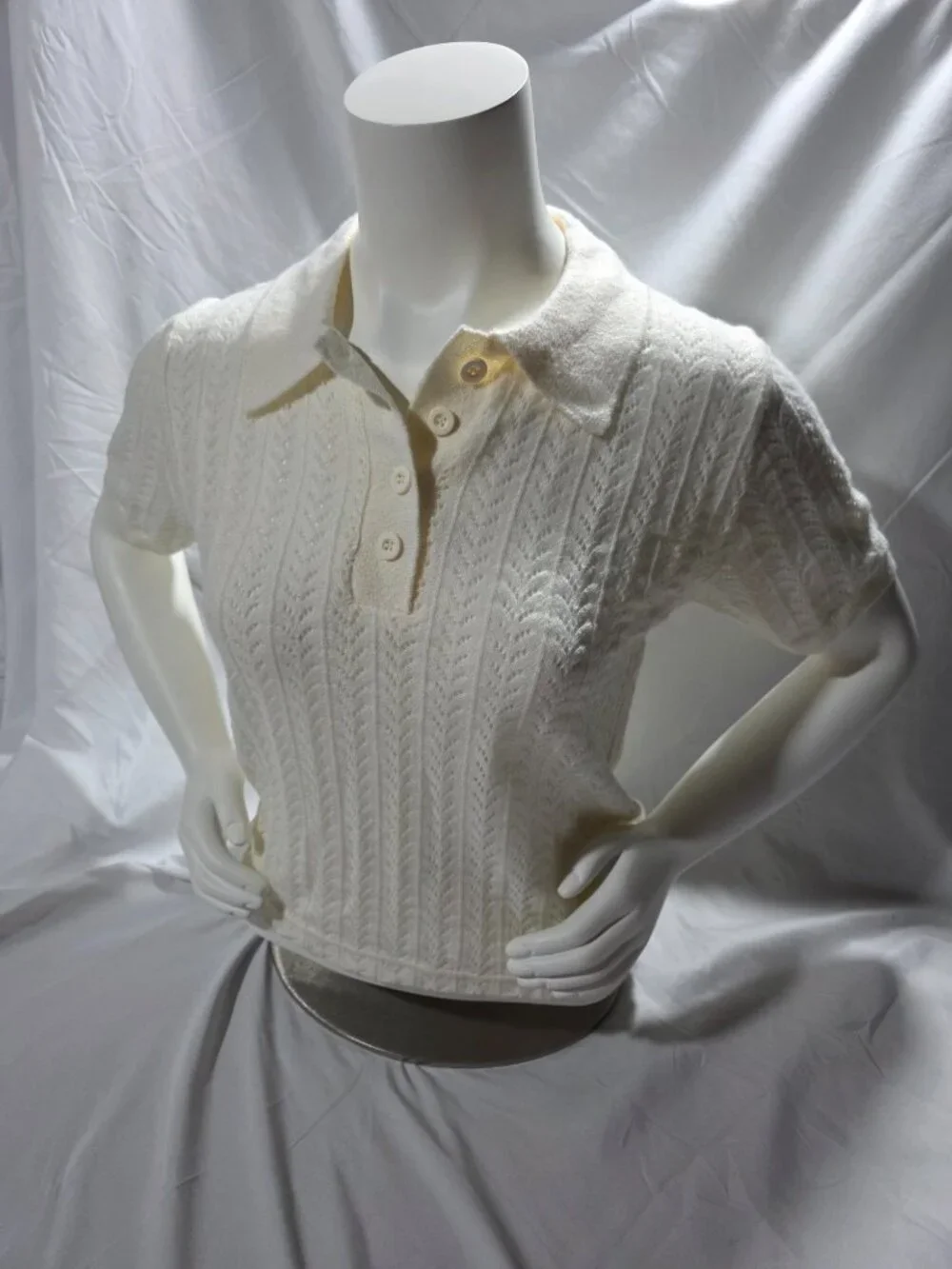 NWOT Zara Openwork Soft Polo Shirt - Beige Size M - Picture 3 of 9